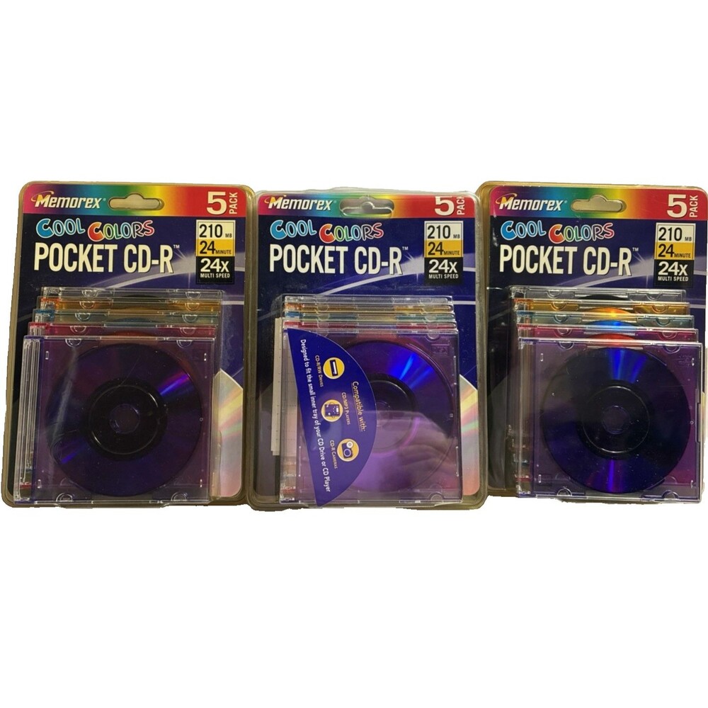 3x Memorex Pocket CD-R 5 Pack 210MB 24m 24x Cool Color Discs w Slim Jewel Cases